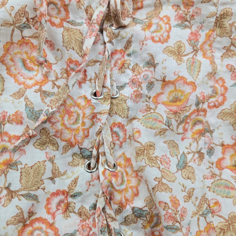 Forever 21 Floral Puff Sleeve Lace Up Mini Dress Women's Size L Cream Orange - Picture 6 of 7